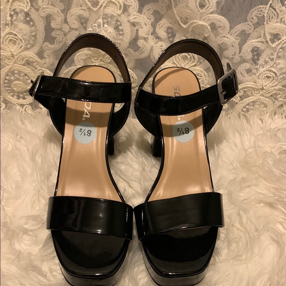 Soda Black‎ Heels with Chunky Heel and Ankle Strap